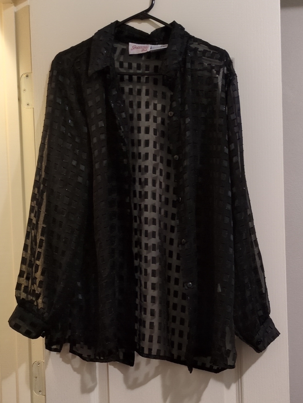 Sheer Black Grid Button-Up Blouse